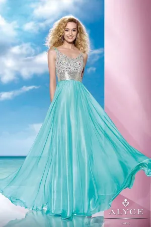 Alyce Paris 35599 Aqua Scoop Neckline Beaded Bodice Chiffon Dress