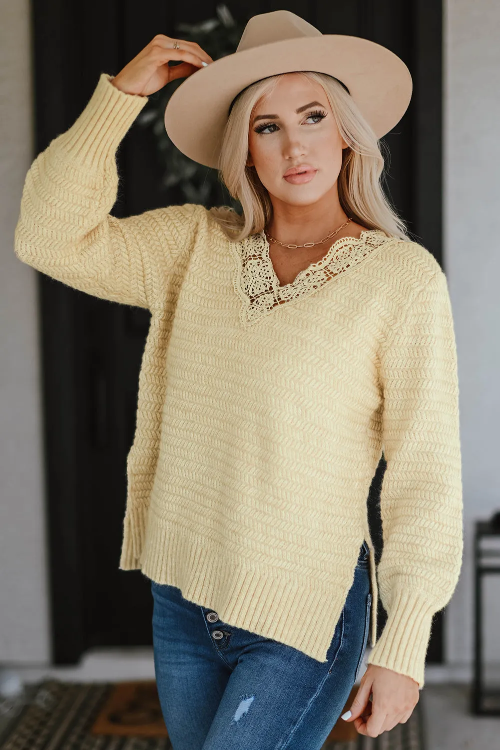 Beige Lace Scalloped V-Neck Side Split Loose Sweater