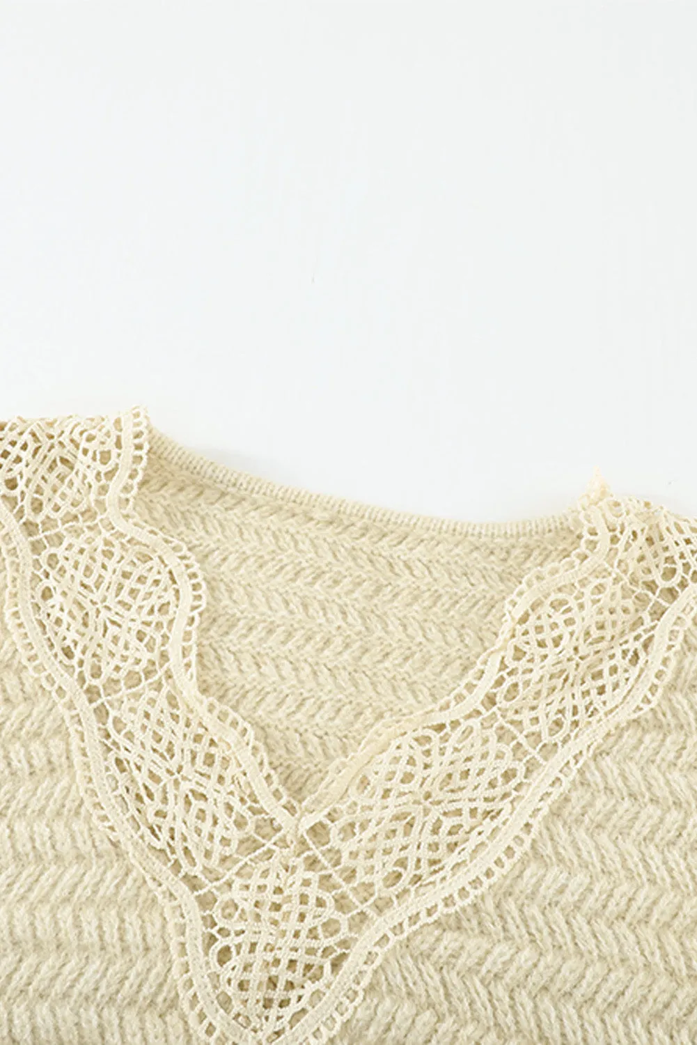 Beige Lace Scalloped V-Neck Side Split Loose Sweater