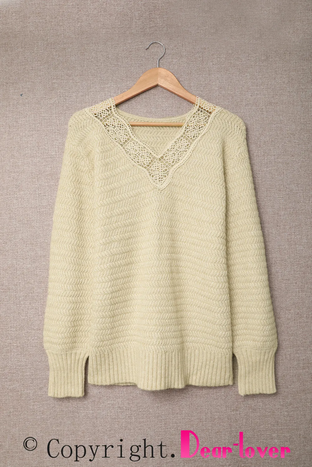 Beige Lace Scalloped V-Neck Side Split Loose Sweater