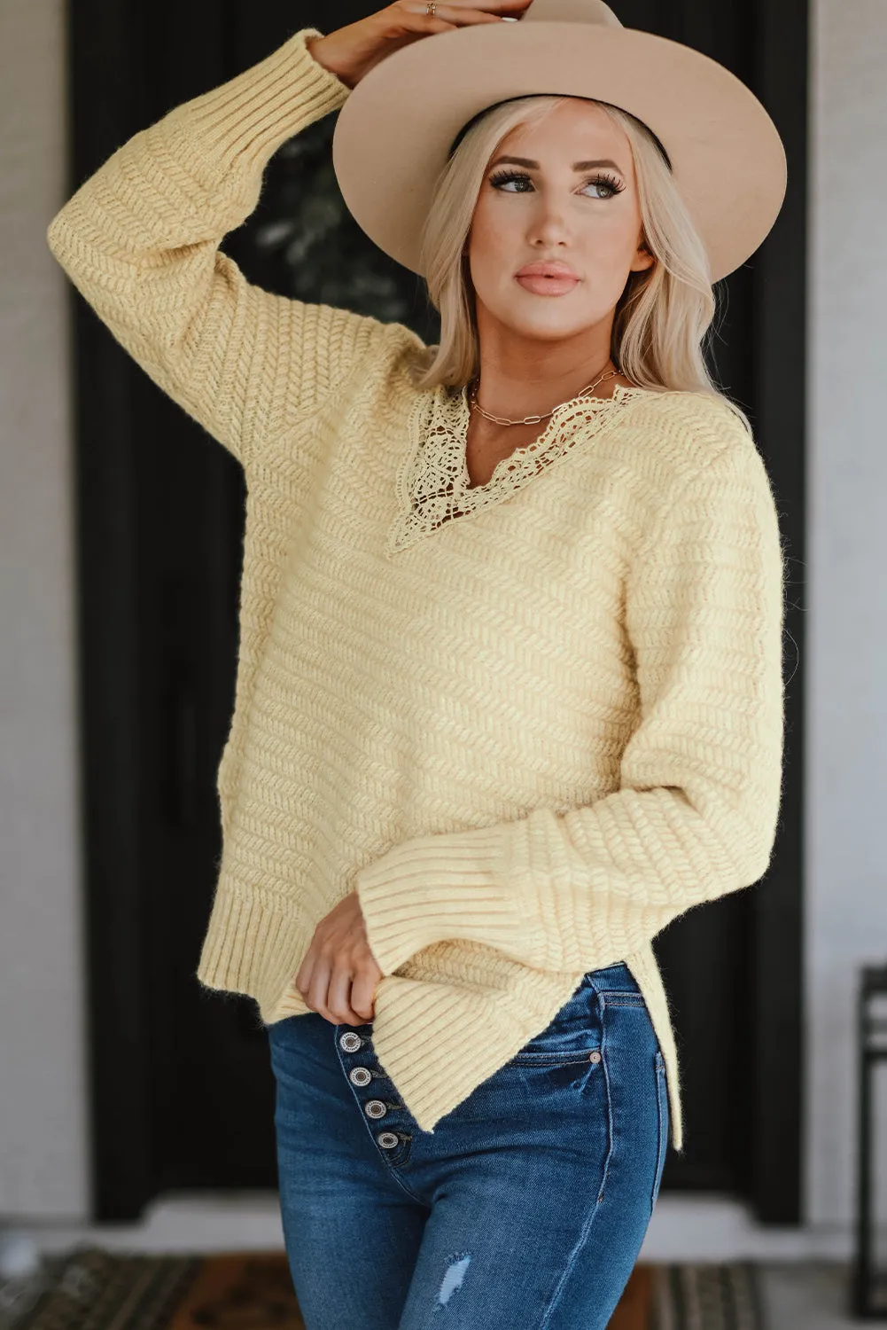 Beige Lace Scalloped V-Neck Side Split Loose Sweater