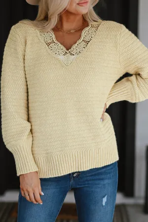 Beige Lace Scalloped V-Neck Side Split Loose Sweater