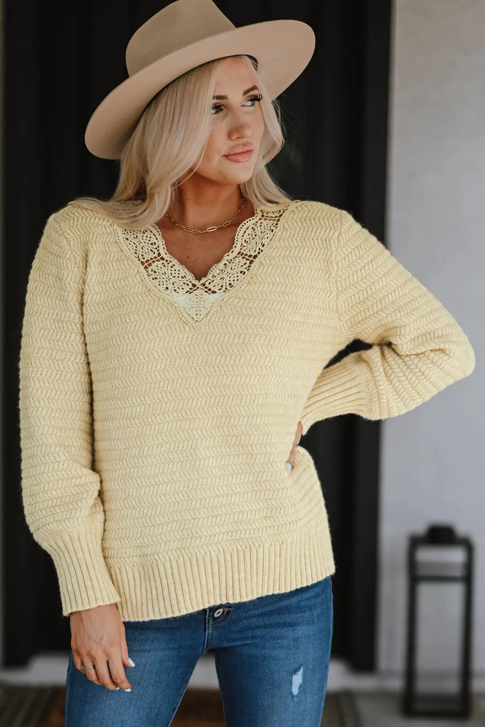 Beige Lace Scalloped V-Neck Side Split Loose Sweater