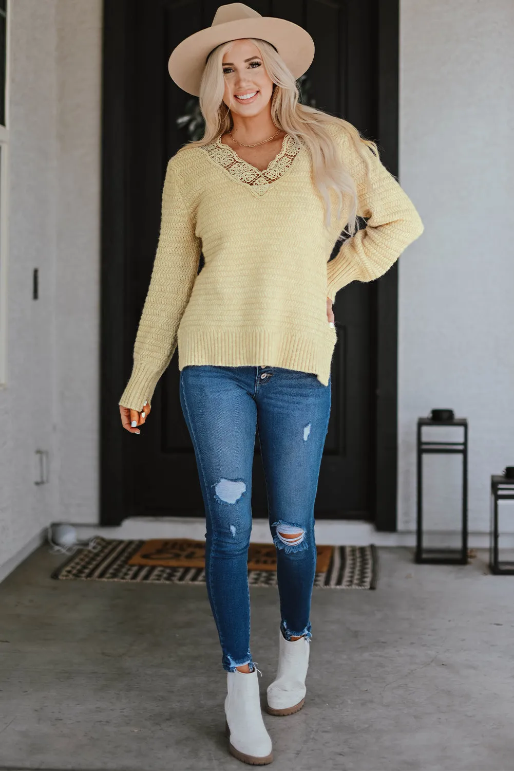 Beige Lace Scalloped V-Neck Side Split Loose Sweater