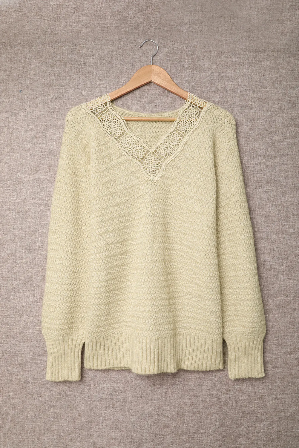 Beige Lace Scalloped V-Neck Side Split Loose Sweater