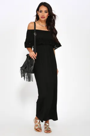 Black Bardot Crochet Trim Maxi