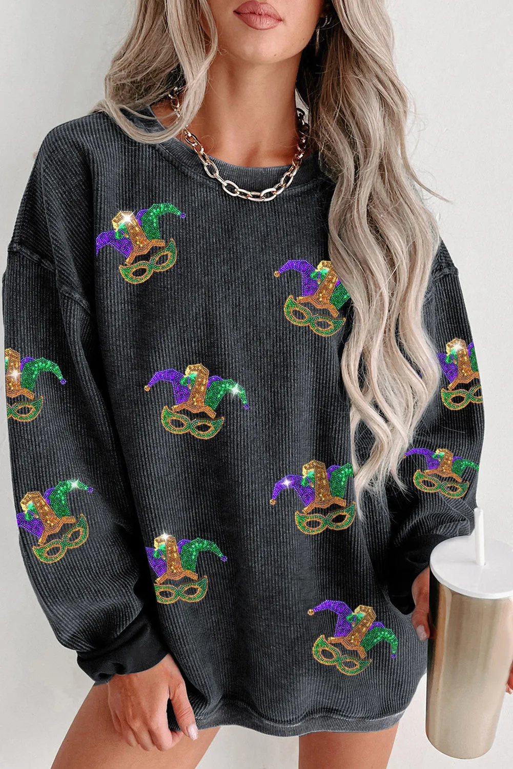 Black Mardi Gras Sequined Fleur De Lis Pattern Corded Sweatshirt