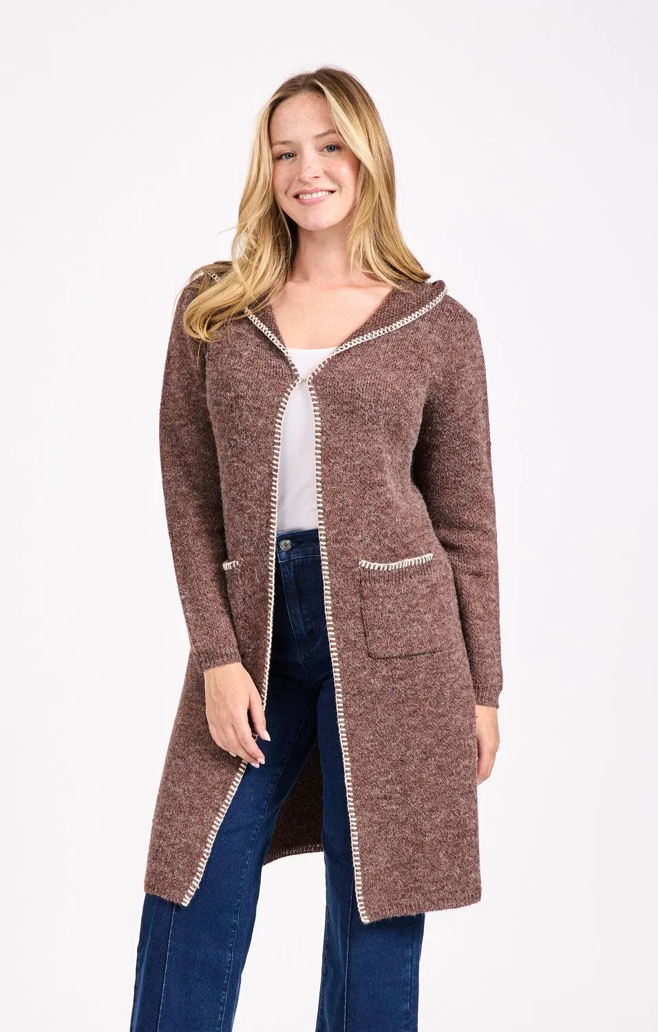 Blanket Stitch Cardigan with Hood- Brown