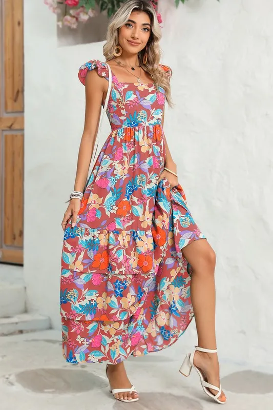 Boho Floral Ruffle Sleeveless Tiered Maxi Dress