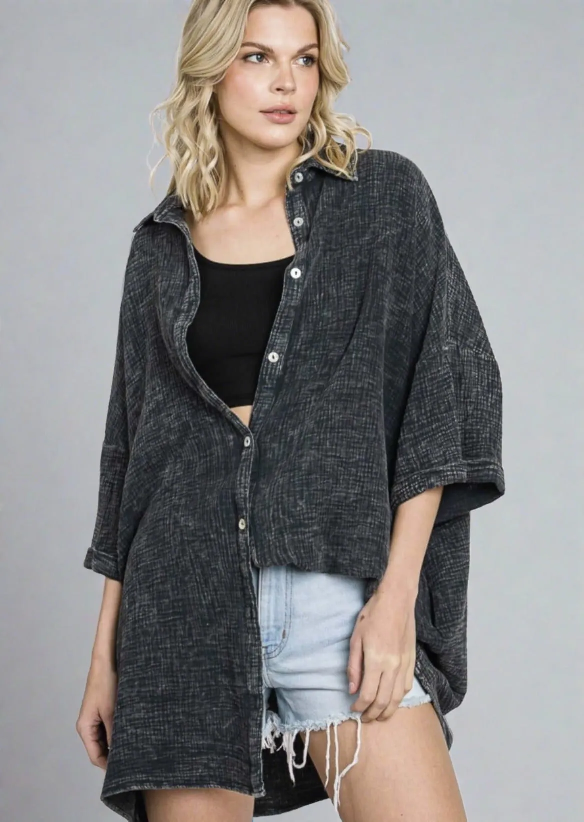 Boyfriend Slouchy Gauze Top in Washed Black Made in USA