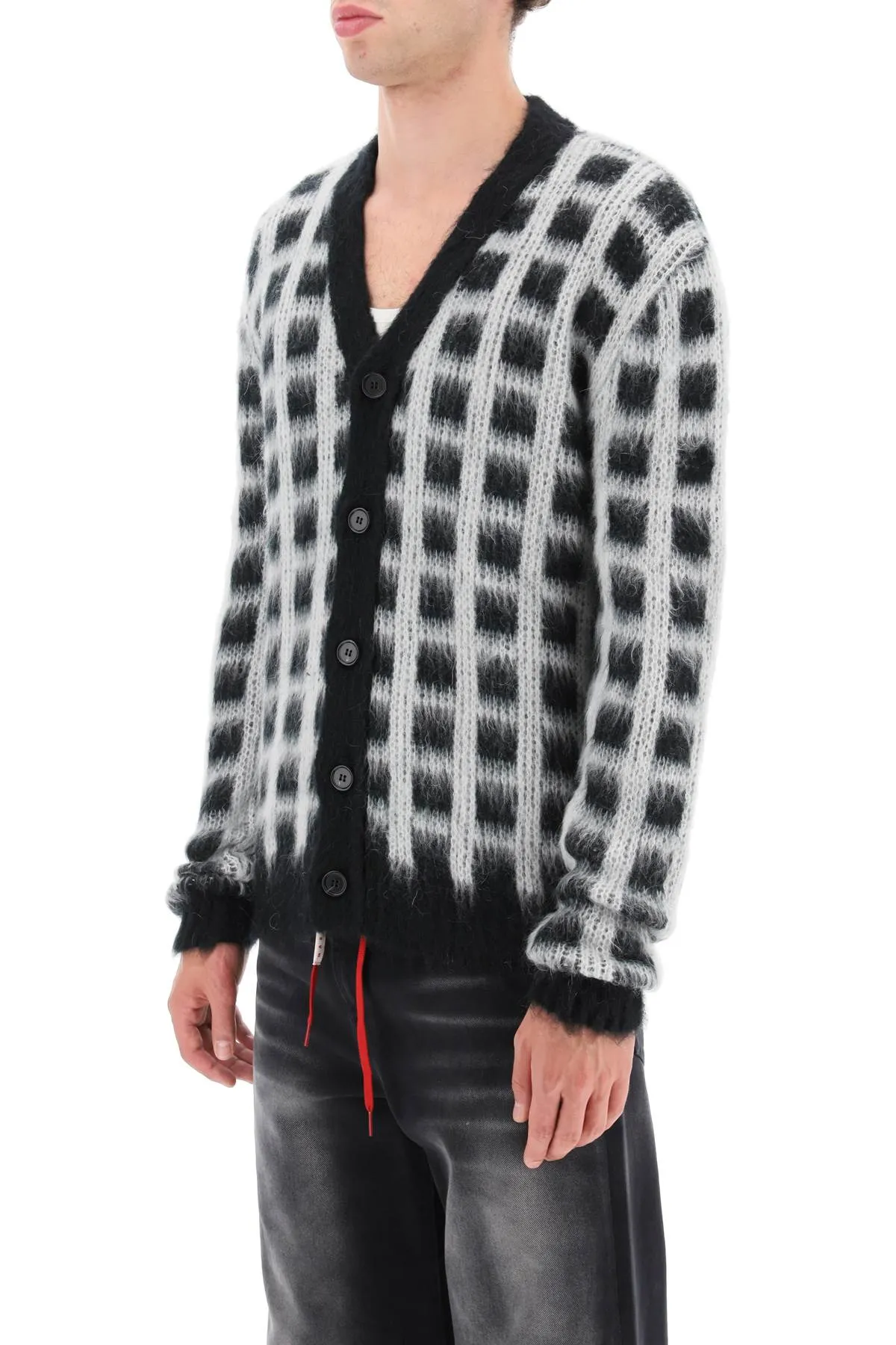 brushed-yarn cardigan with check pattern