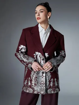 Burgundy Printing Blazers For Women Notched Collar Long Sleeve Spliced Single Breasted Designer Coats Female New