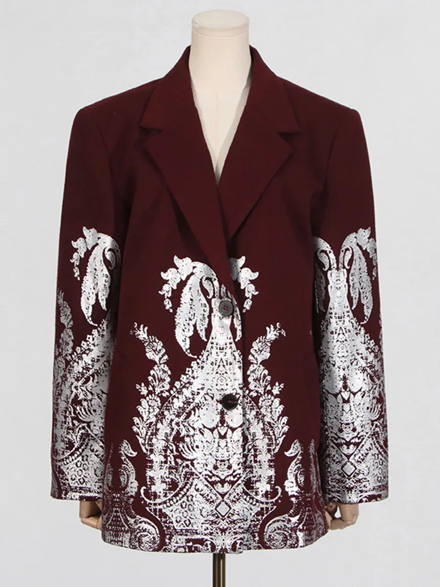 Burgundy Printing Blazers For Women Notched Collar Long Sleeve Spliced Single Breasted Designer Coats Female New