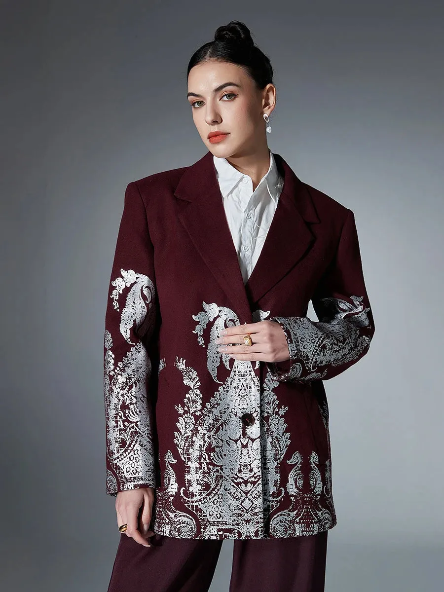 Burgundy Printing Blazers For Women Notched Collar Long Sleeve Spliced Single Breasted Designer Coats Female New