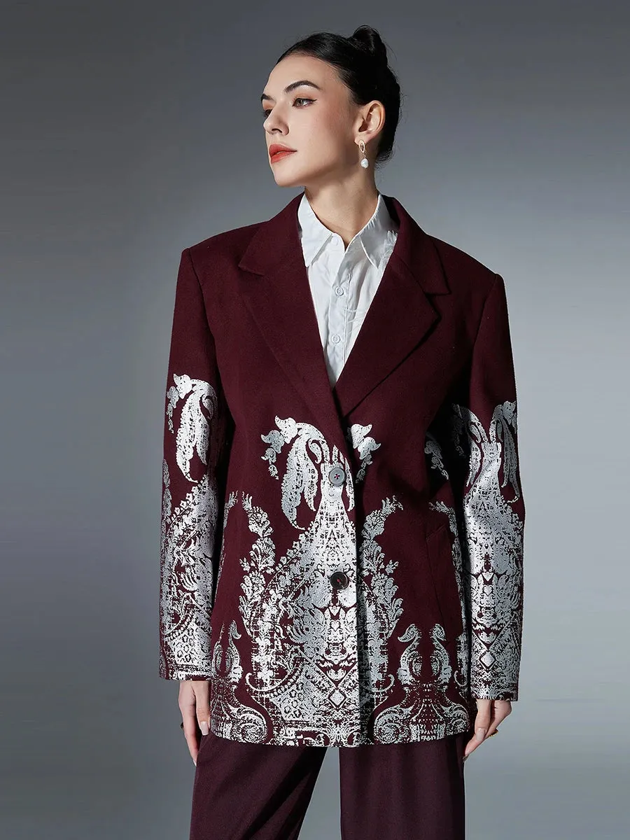 Burgundy Printing Blazers For Women Notched Collar Long Sleeve Spliced Single Breasted Designer Coats Female New