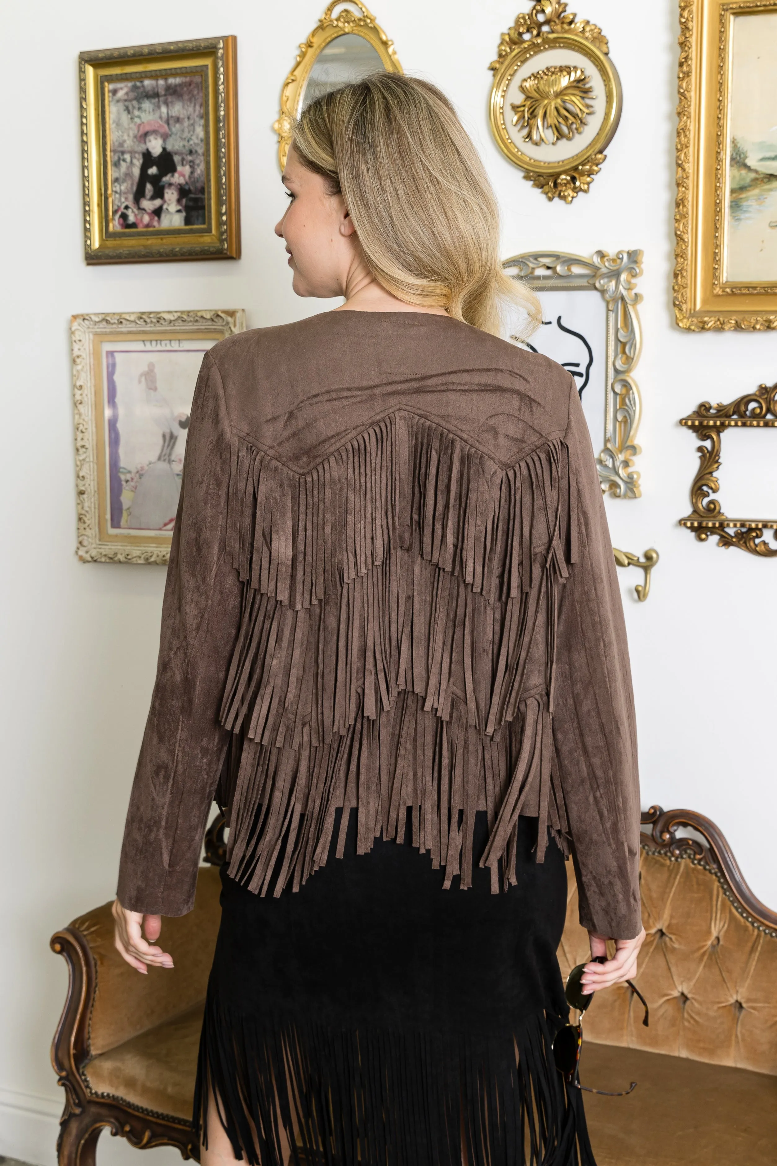 Chocolate Brown Faux Suede Fringed Jacket