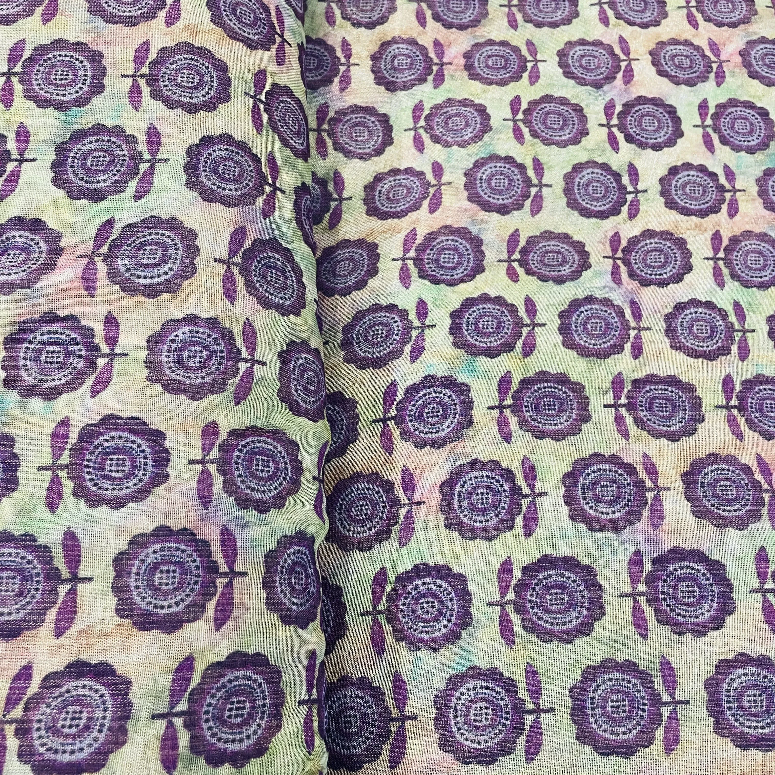 Classic Purple Floral Print Satin Organza Fabric