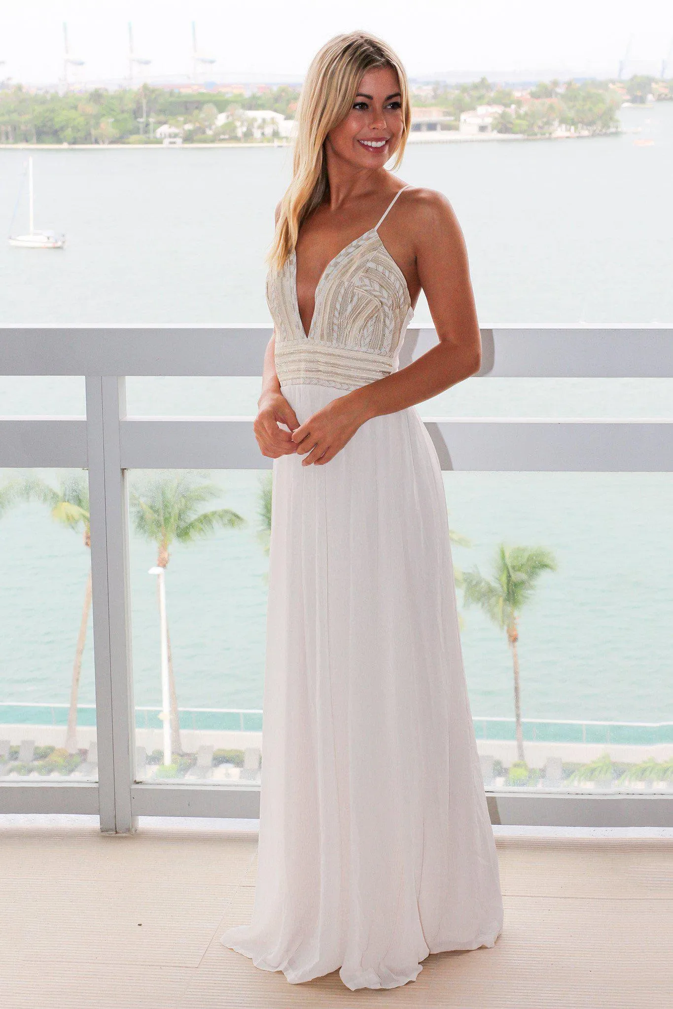 Cream Maxi Dress with Gold Embroidered Top