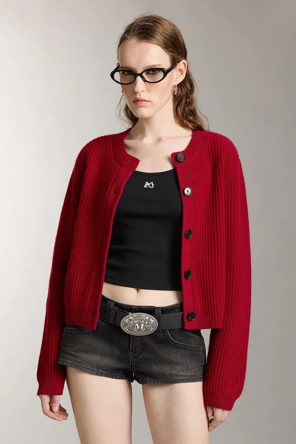 Crew Neck Cropped Wool Knitted Cardigan