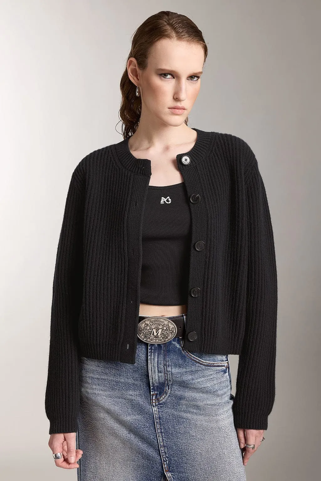 Crew Neck Cropped Wool Knitted Cardigan