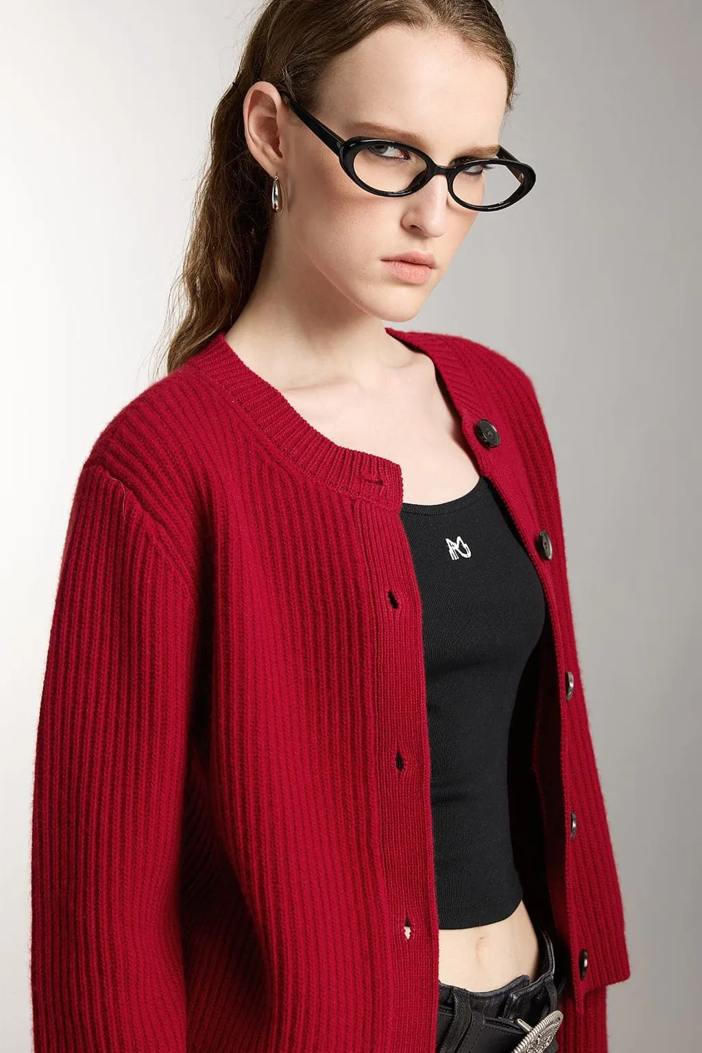 Crew Neck Cropped Wool Knitted Cardigan