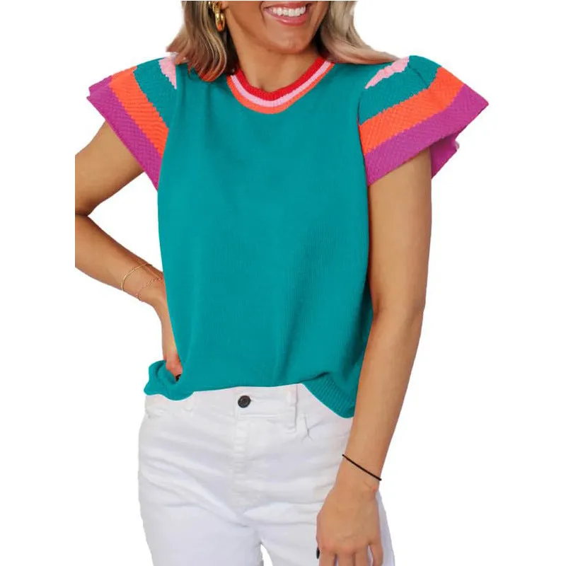 Crew Neck Knitted Top Contrasting Color Sweet Short-sleeved Sweater