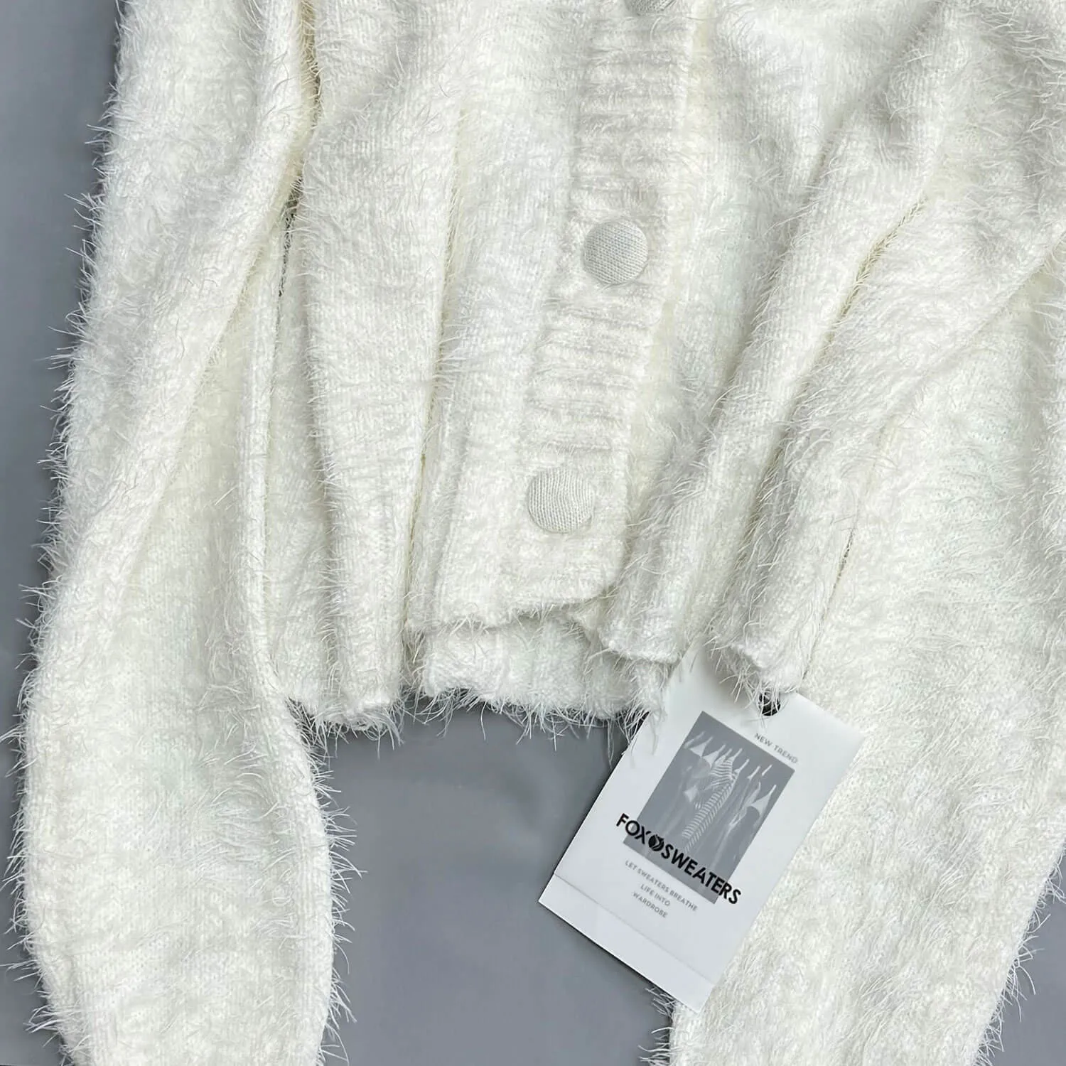 Cute V Neck Button Up Long Sleeve White Eyelash Mohair Cardigan