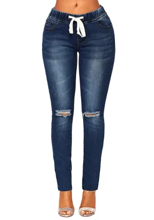 Dark Blue Drawstring-Waist Washout Ripped Skinny Jeans