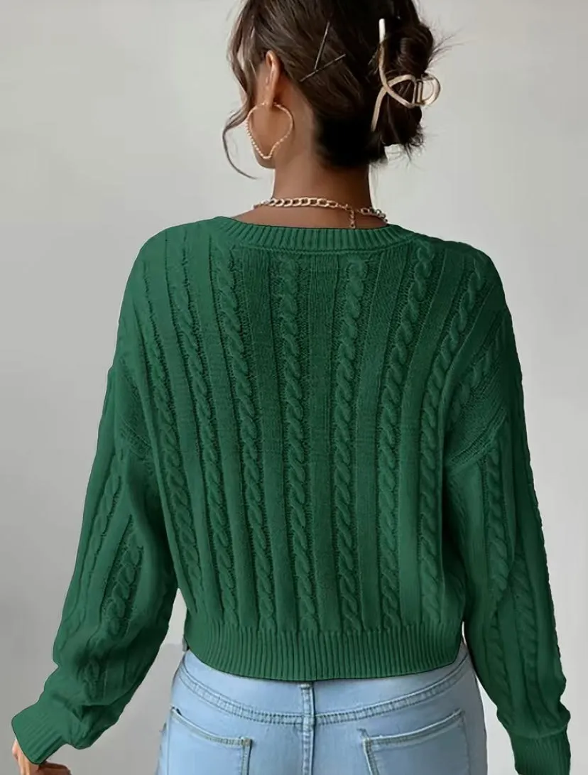 Dark Green Cable Knit V Neck Cropped Pullover Sweater