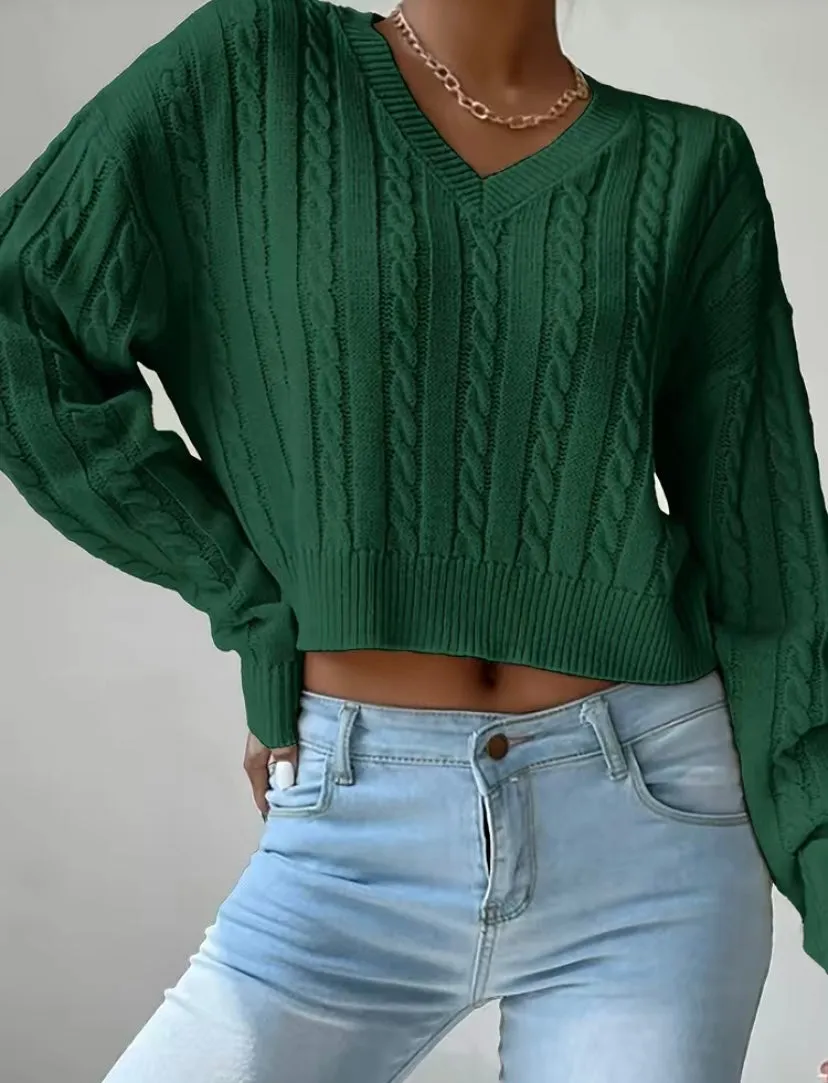 Dark Green Cable Knit V Neck Cropped Pullover Sweater