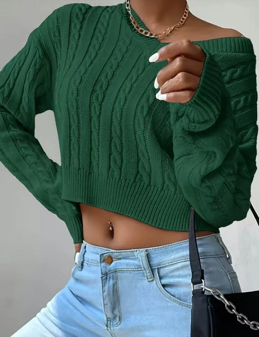 Dark Green Cable Knit V Neck Cropped Pullover Sweater