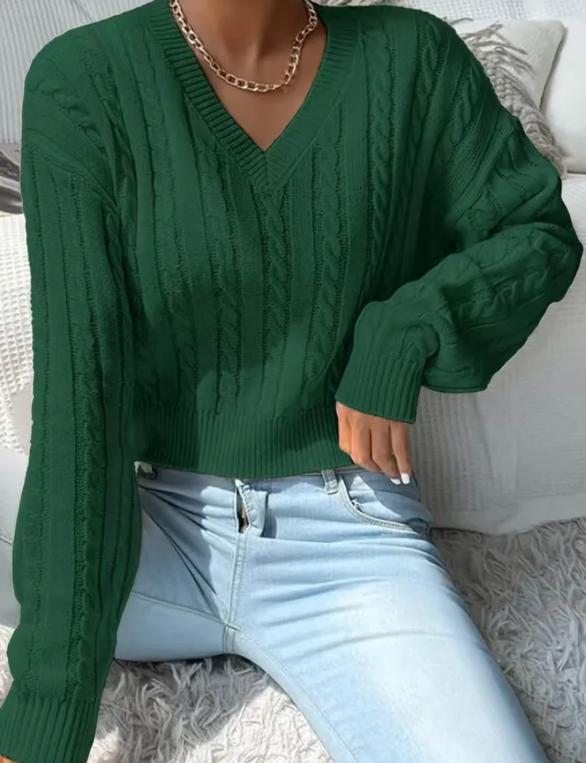 Dark Green Cable Knit V Neck Cropped Pullover Sweater