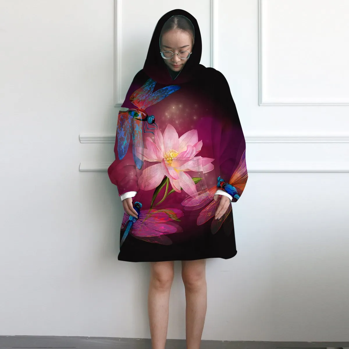 Dragonflies and Lotus Wearable Blanket Hoodie