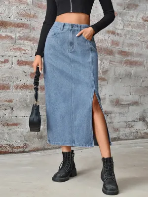 Elastic Waist Split Denim Skirt