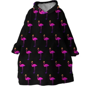 Flamingos in Black Wearable Blanket Hoodie