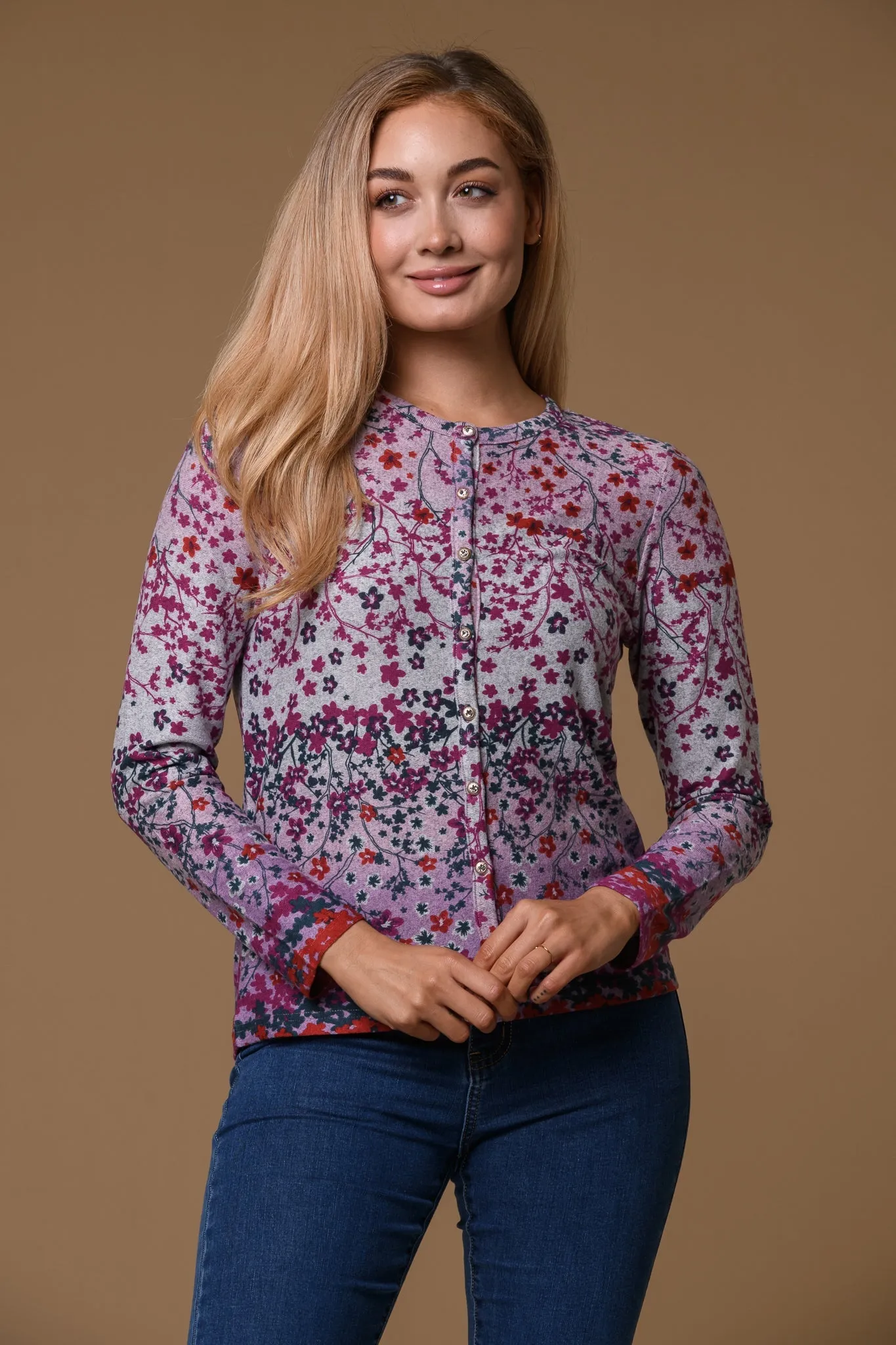 Floral Border Brushed Cardigan-Pink