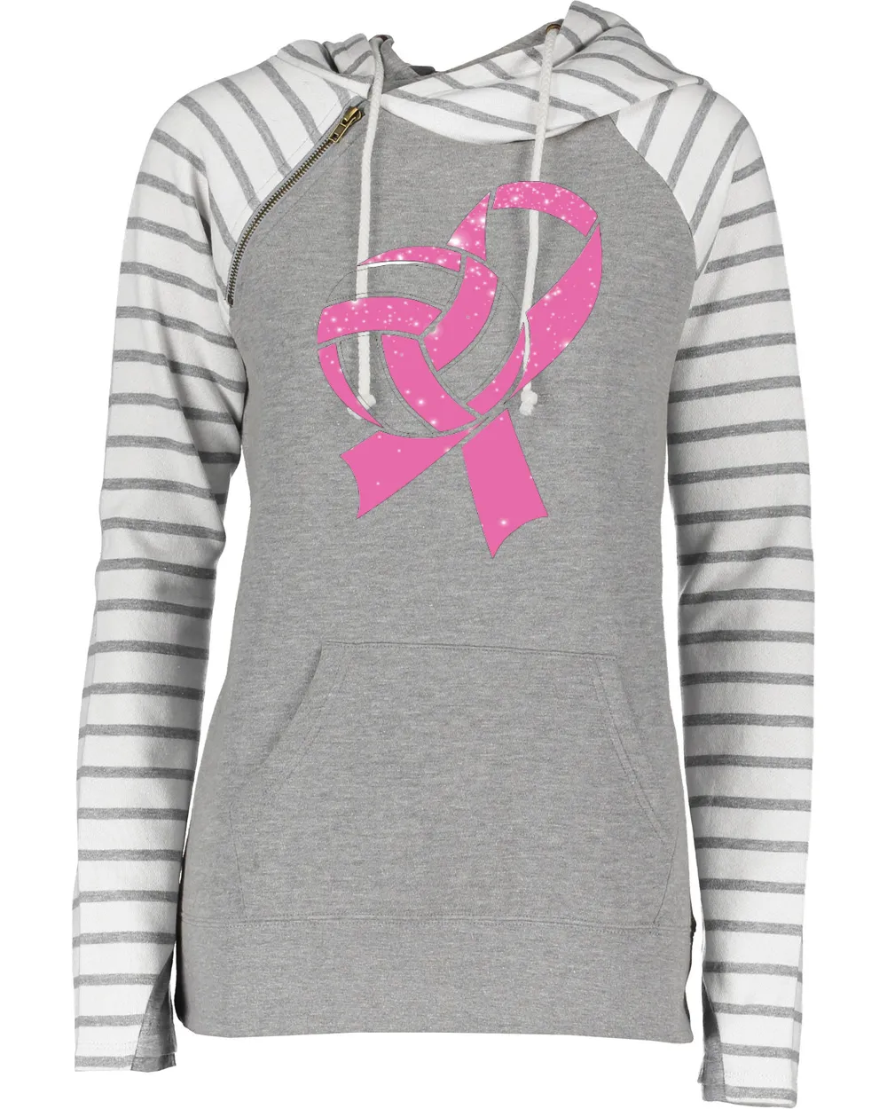 Glittery Ball & Ribbon Volleyball Pink Out Breast Cancer Awareness Women's Cowl Double Hood Top