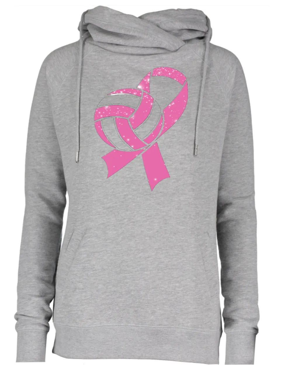 Glittery Ball & Ribbon Volleyball Pink Out Breast Cancer Awareness Women's Cowl Double Hood Top