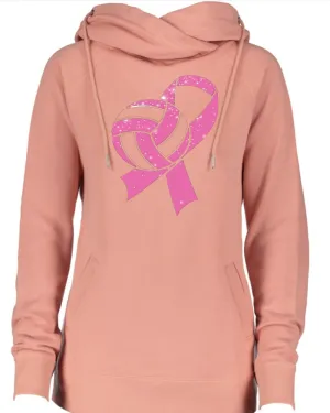 Glittery Ball & Ribbon Volleyball Pink Out Breast Cancer Awareness Women's Cowl Double Hood Top