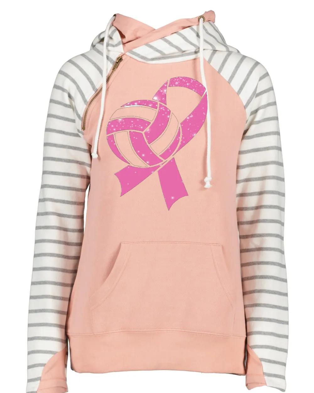 Glittery Ball & Ribbon Volleyball Pink Out Breast Cancer Awareness Women's Cowl Double Hood Top