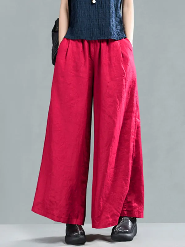 Harriett Vintage Casual Elastic-waist Linen Wide Leg Pants with Pockets