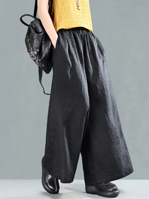 Harriett Vintage Casual Elastic-waist Linen Wide Leg Pants with Pockets