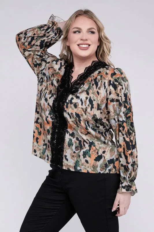 HI Curvy Plus Size Women Floral Print Lace Trim Blouse