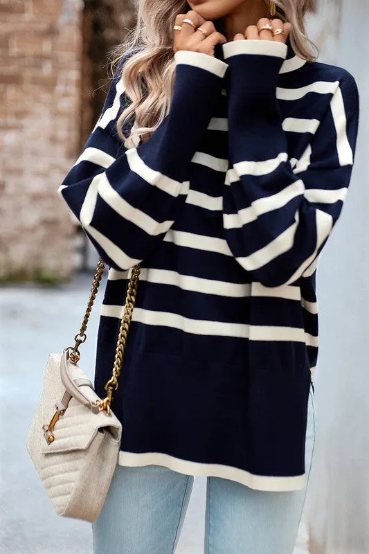 High Neck Striped Cozy Sweater