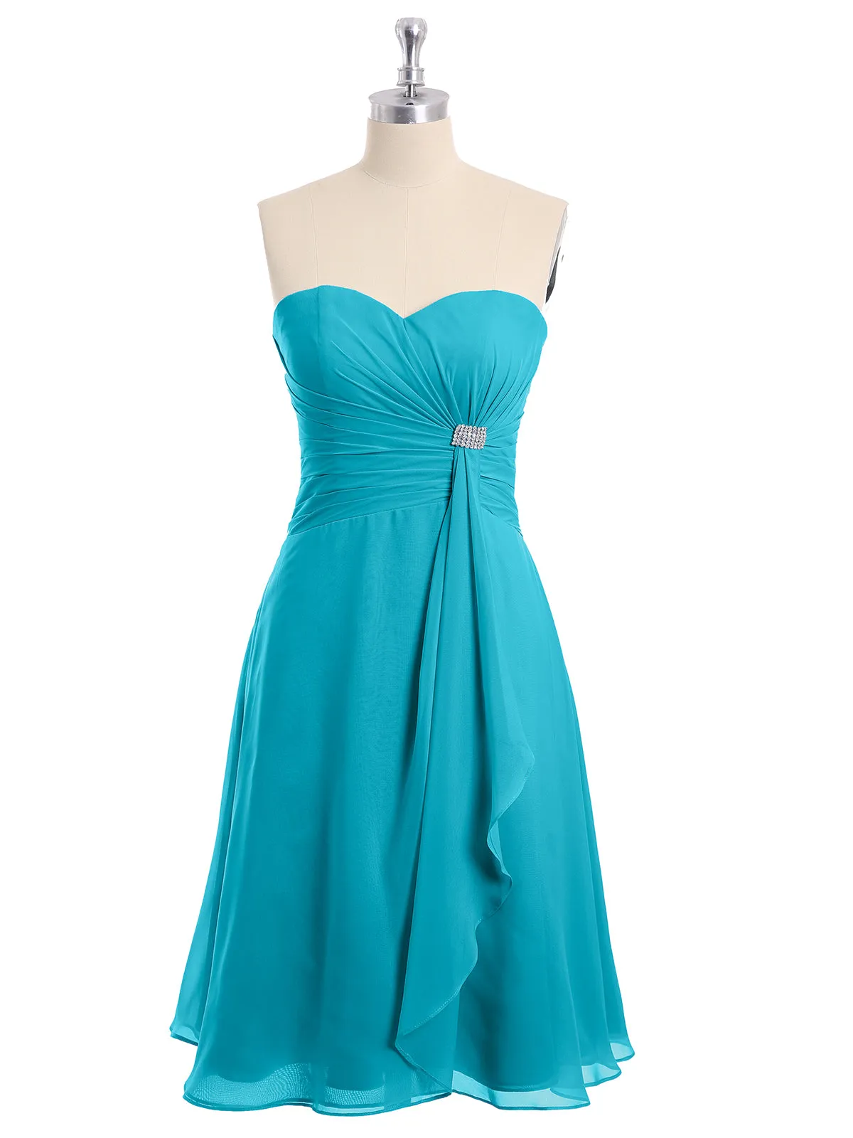 Knee Length Chiffon Dress with Sweetheart Neck-Jade