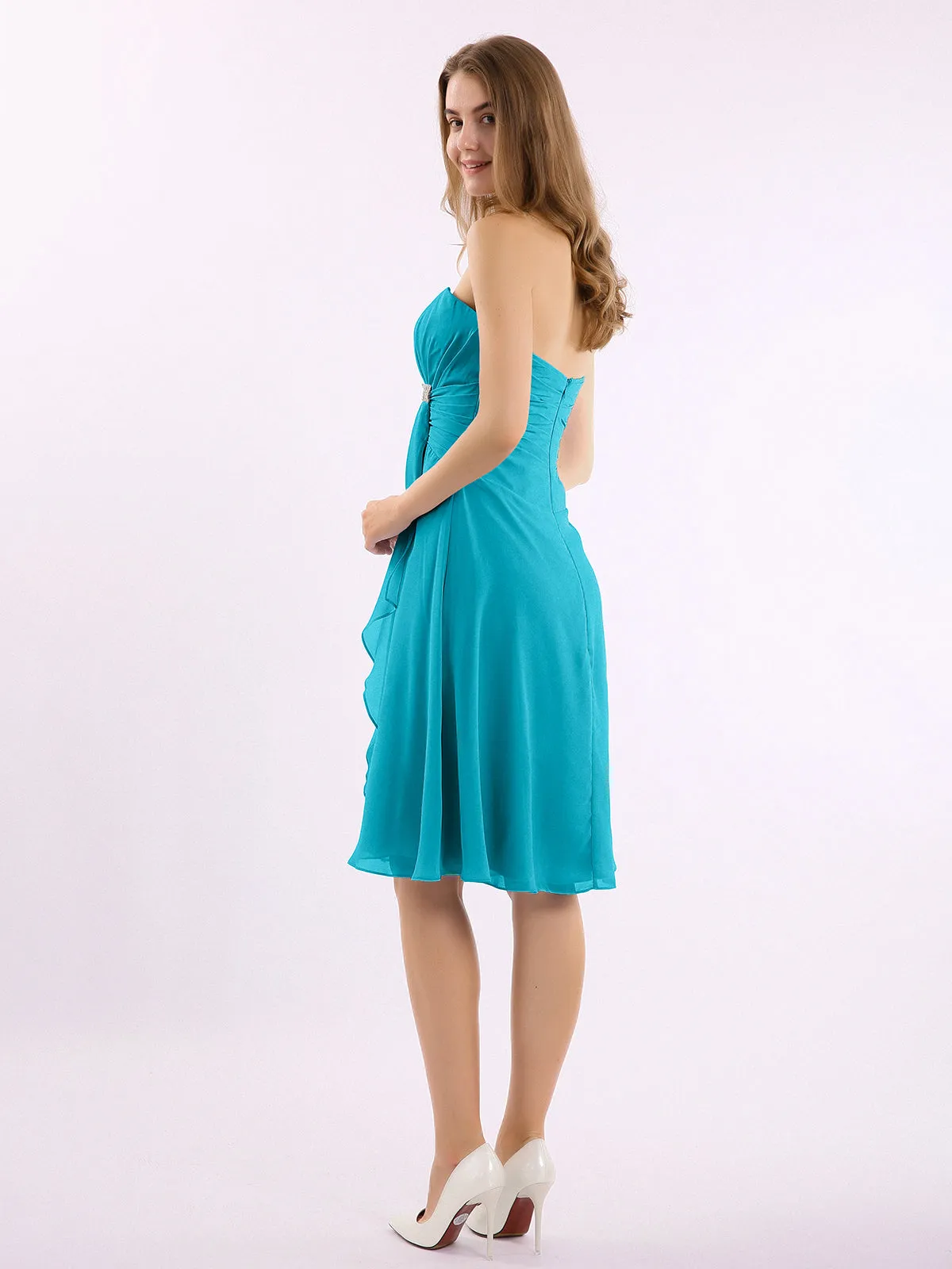 Knee Length Chiffon Dress with Sweetheart Neck-Jade