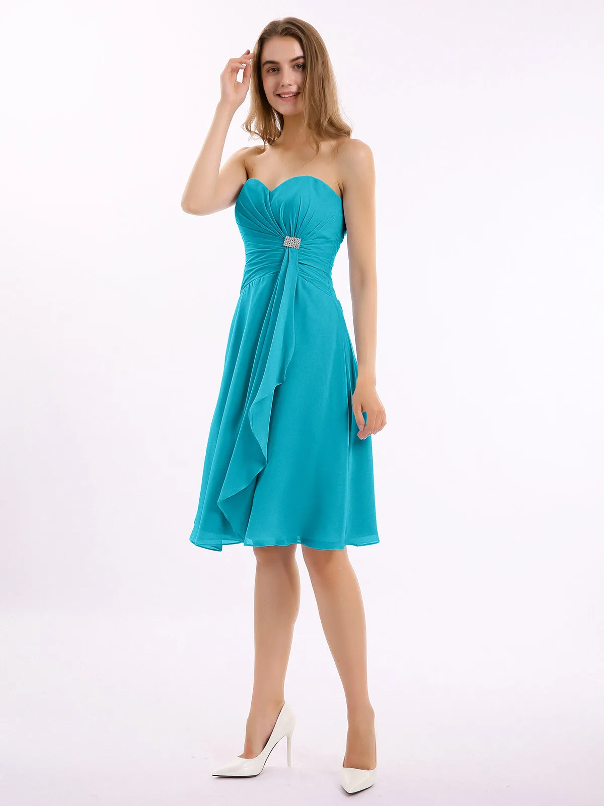 Knee Length Chiffon Dress with Sweetheart Neck-Jade