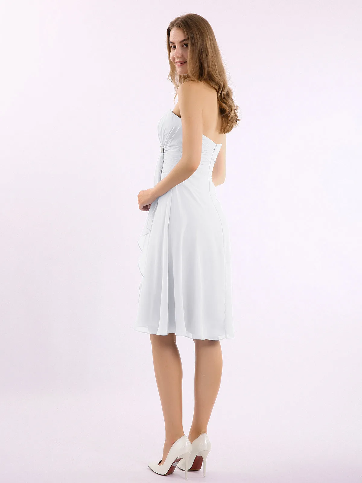 Knee Length Chiffon Dress with Sweetheart Neck-White