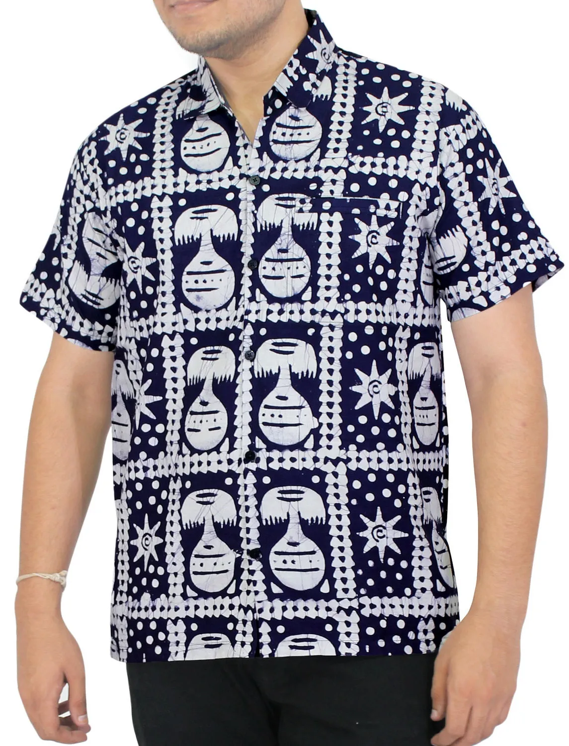 LA LEELA Men Casual Beach Shirt Aloha Tropical Beach front Short sleeve Relaxed Fit Navy Blue