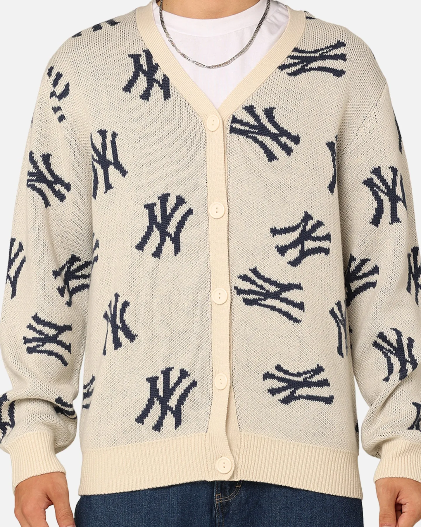 Majestic Athletic New York Yankees Shaggy Knit Varsity Cardigan Whitecap Grey